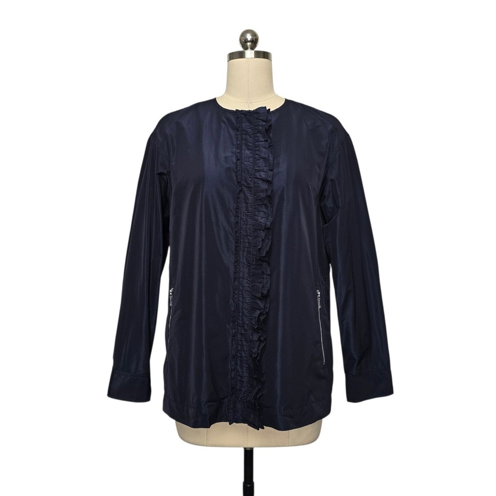 Lafayette 148 New York Navy Blue Ruffle Front Lightweight Jacket Size Small